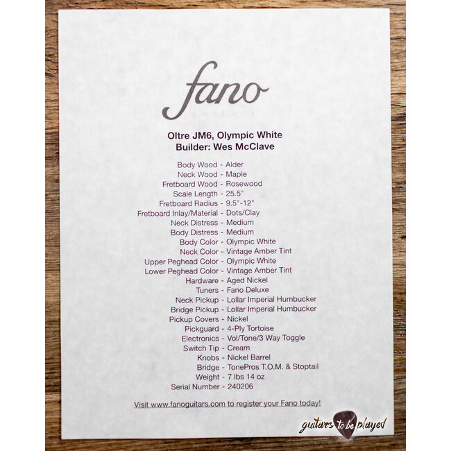 Fano JM6 Oltre Lollar Imperial Guitar w/ Gigbag – Olympic White