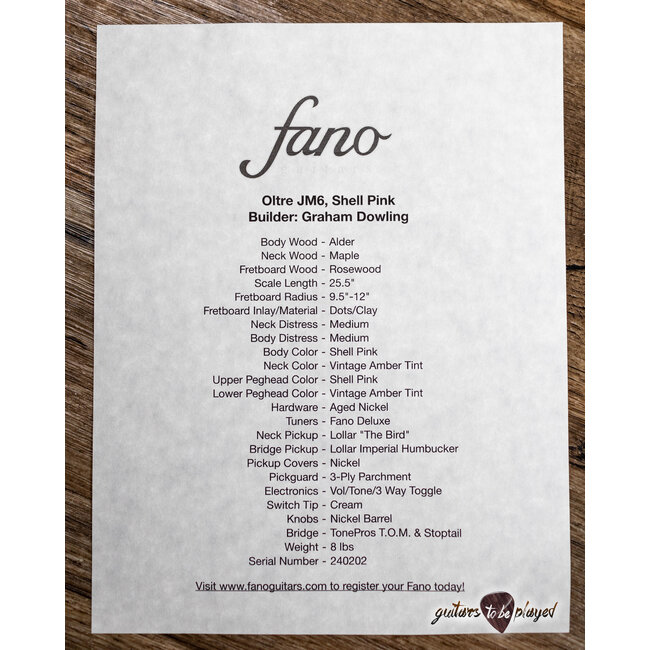 Fano JM6 Oltre Lollar Imperial & "The Bird" Guitar w/ Gigbag – Shell Pink