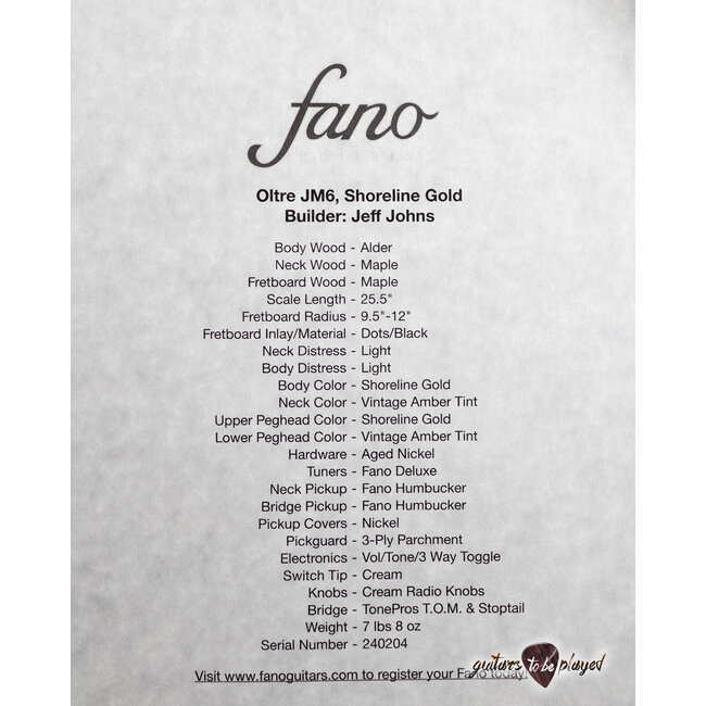 Fano JM6 Oltre Maple Neck Humbucker Guitar w/ Gigbag – Shoreline Gold