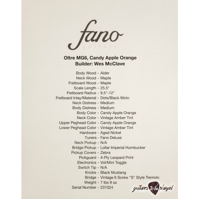 Fano MG6 Oltre Single PU Lollar Imperial Guitar w/ Gigbag – Candy Apple Orange