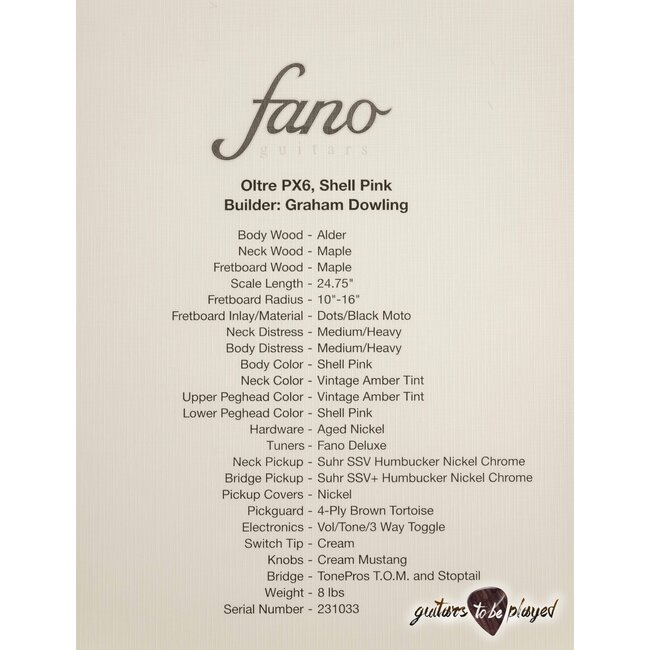 Fano PX6 Oltre Maple Neck Suhr SSV Humbucker Guitar w/ Gigbag – Shell Pink