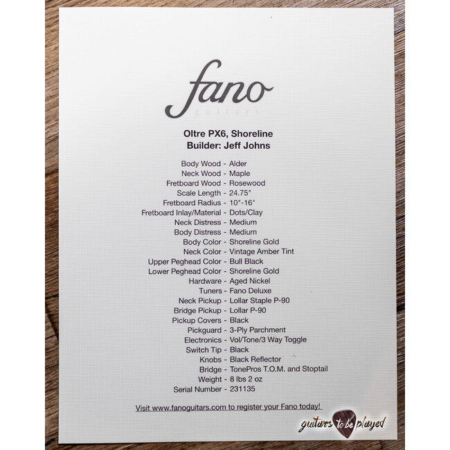 Fano PX6 Oltre Lollar Staple/Traditional P-90 Guitar w/ Gigbag – Shoreline Gold