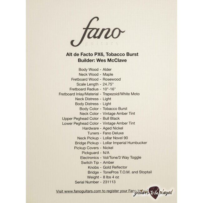 Fano PX6 Alt de Facto Flame Maple Top & Lollar Novel 90/Imperial – Tobacco Burst