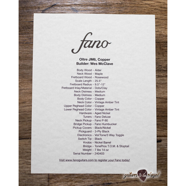 Fano JM6 Oltre Lollar P-90/Imperial Guitar w/ Gigbag – Copper Metallic