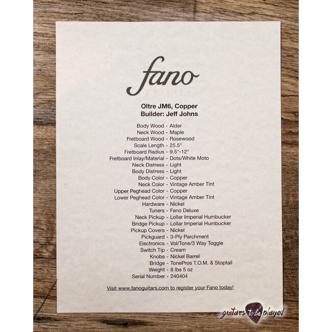 Fano JM6 Oltre Lollar Imperial Humbucker Guitar w/ Gigbag – Copper Metallic