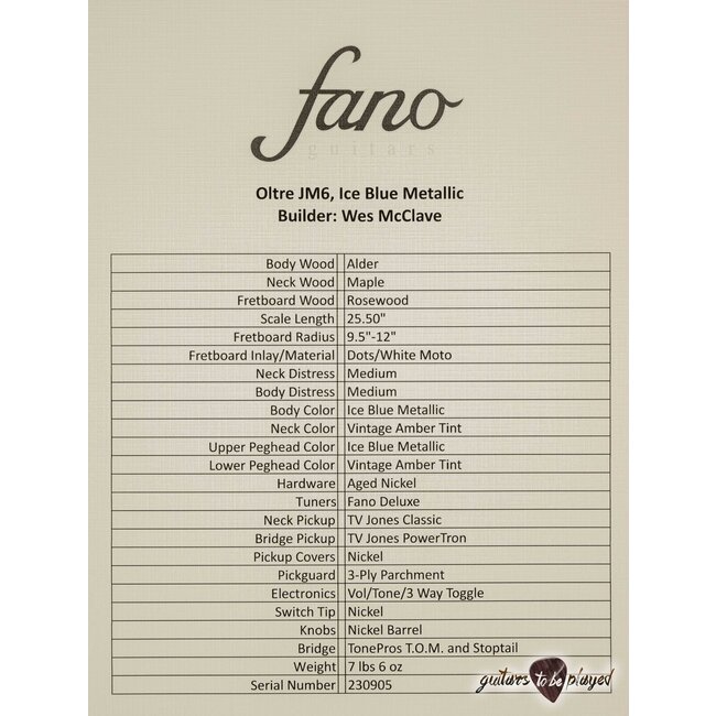 Fano JM6 Oltre TV Jones Classic/PowerTron Guitar w/ Gigbag – Ice Blue Metallic