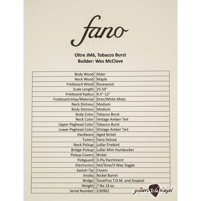 Fano JM6 Oltre Lollar Firebird & Mini Humbucker Guitar w/ Gigbag – Tobacco Burst