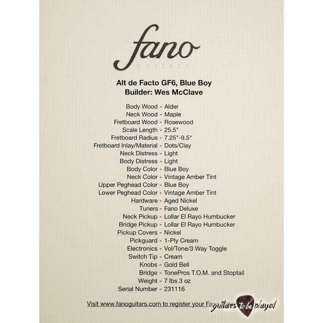 Fano GF6 Alt de Facto Semi-Hollow Lollar El Rayo Guitar w/ Case – Blue Boy