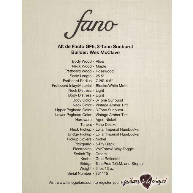 Fano GF6 Alt de Facto Lollar Imperial Semi-Hollow w/ Case – 3-Tone Sunburst