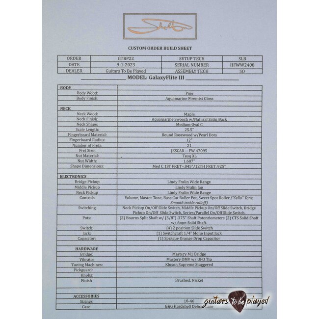 Shelton GalaxyFlite Super III Pine Body w/ Fralins – Aquamarine Firemist