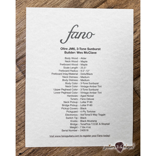 Fano JM6 Oltre Lollar P-90 Guitar w/ Gigbag – 3-Tone Sunburst