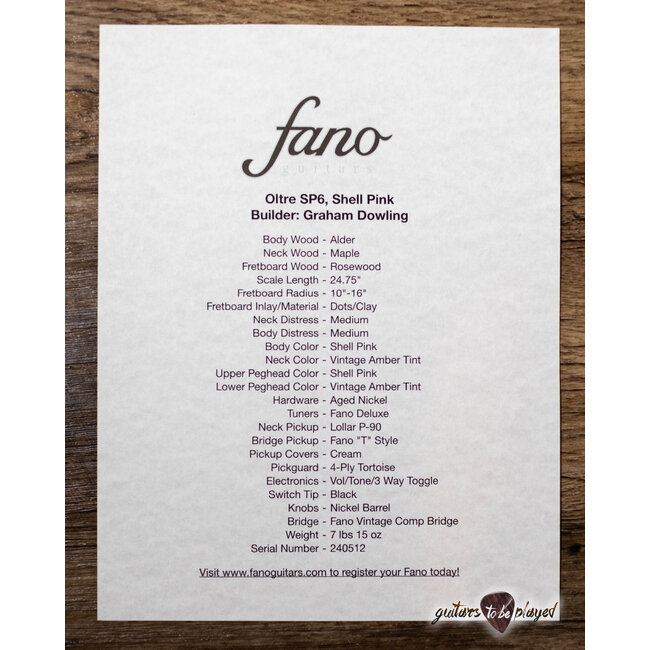 Fano SP6 Oltre Lollar P-90/T-Style Guitar w/ Gigbag – Shell Pink