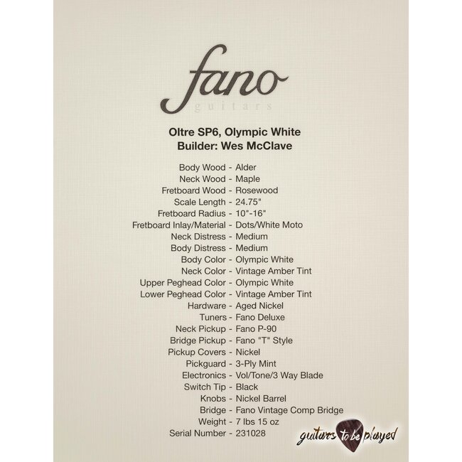 Fano SP6 Oltre P-90/T-Style Guitar w/ Gigbag – Olympic White