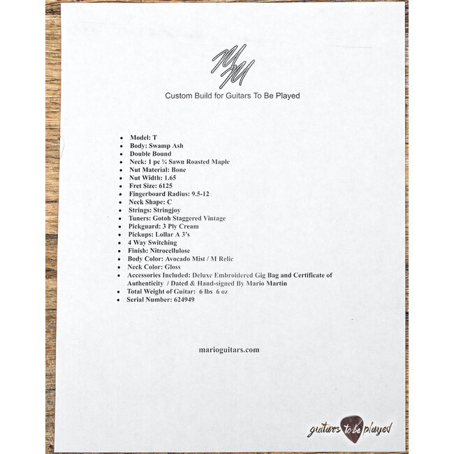 Mario Martin Guitars Swamp Ash T-Style w/ Lollar A3’s – Avocado Mist