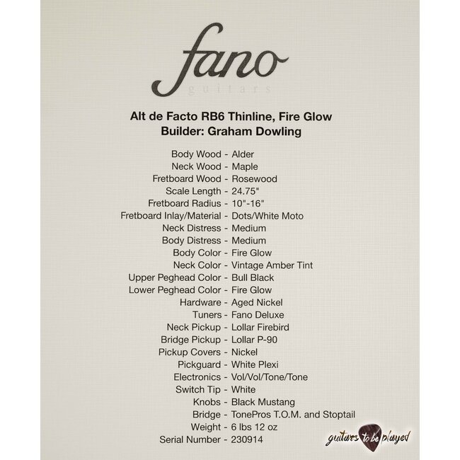 Fano RB6T Alt de Facto Thinline Firebird/P-90 Guitar w/ Case – Fire Glow