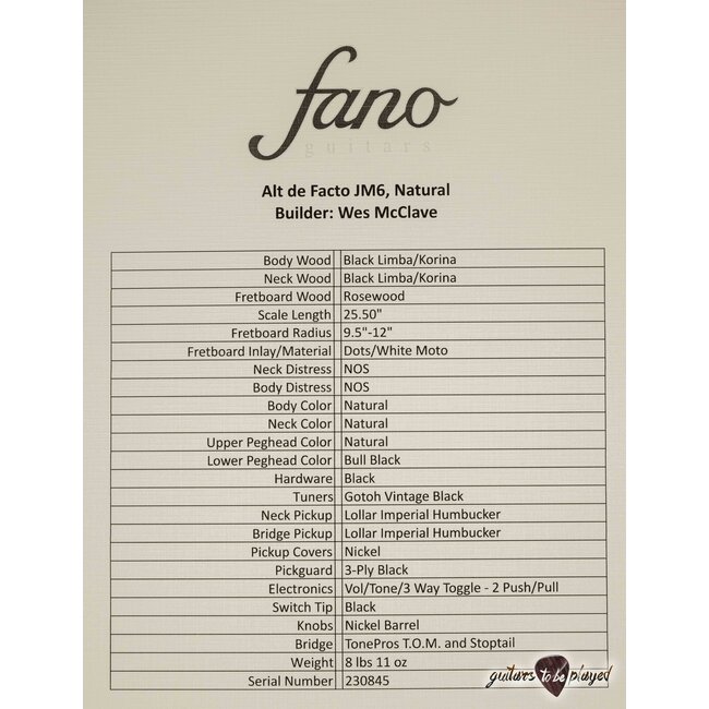 Fano JM6 Alt de Facto Lollar Imperial Guitar w/ Gigbag – Black Limba