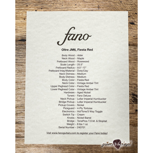 Fano JM6 Oltre Lollar Imperial Guitar w/ Gigbag – Fiesta Red