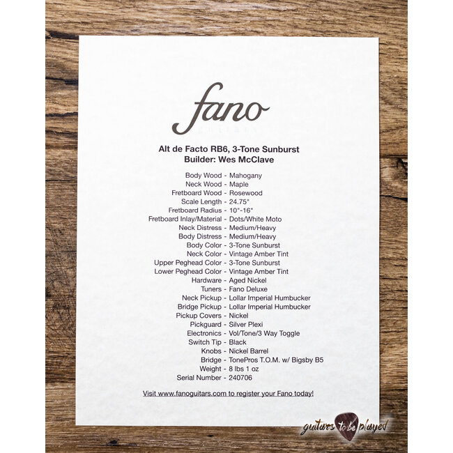 Fano RB6 Alt de Facto Mahogany Lollar Imperial Guitar w/ Bigsby – 3-Tone Burst