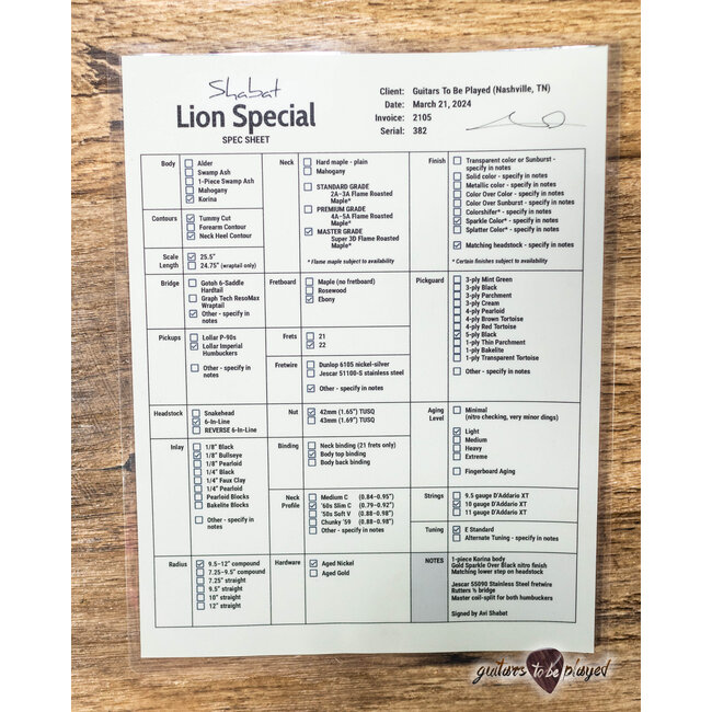 Shabat Lion Special Korina Body w/ Stainless Frets & Flame – Gold/Black Sparkle