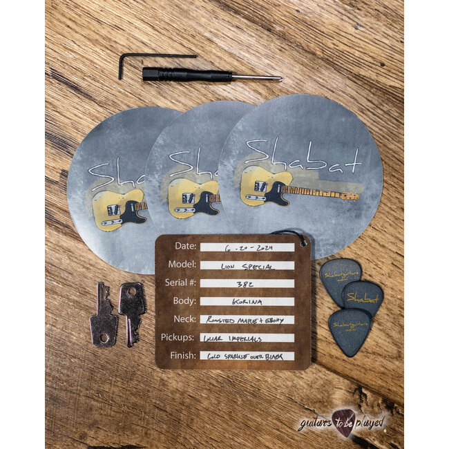 Shabat Lion Special Korina Body w/ Stainless Frets & Flame – Gold/Black Sparkle