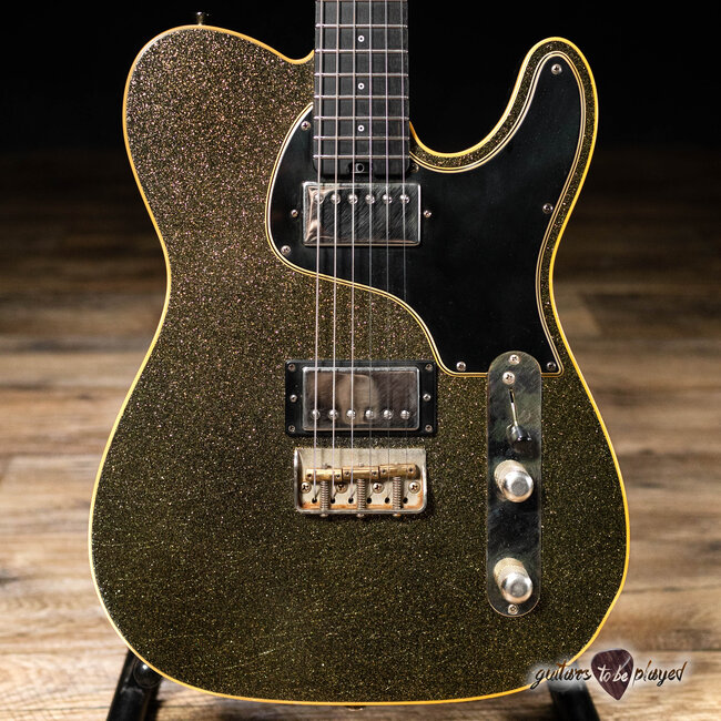 Shabat Lion Special Korina Body w/ Stainless Frets & Flame – Gold/Black Sparkle