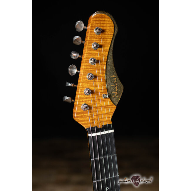 Shabat Lion Special Korina Body w/ Stainless Frets & Flame – Gold/Black Sparkle