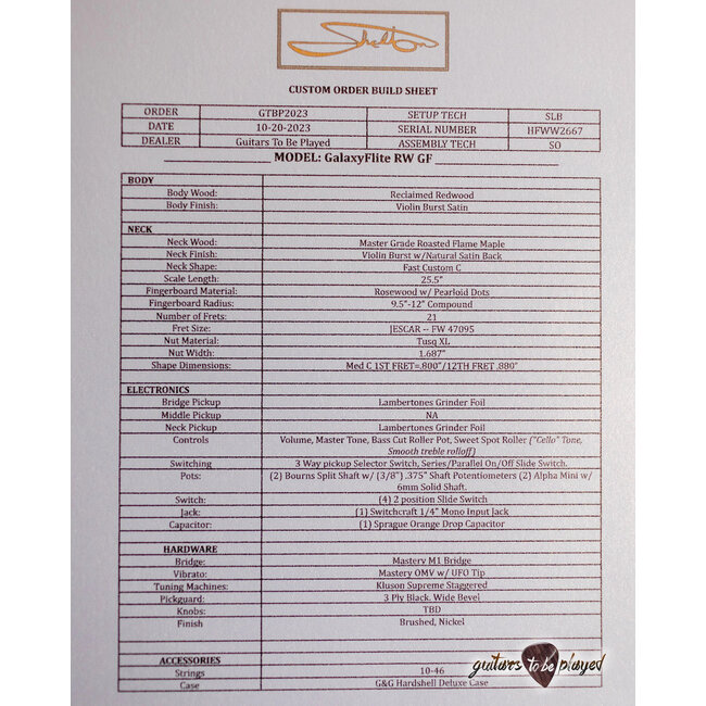 Shelton GalaxyFlite Redwood w/ Flame Maple & Lambertones Grinders – Violin Burst