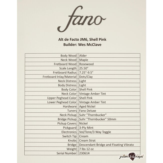 Fano JM6 Alt de Facto Suhr Thornbuckers w/ Descendant Vibrato – Shell Pink