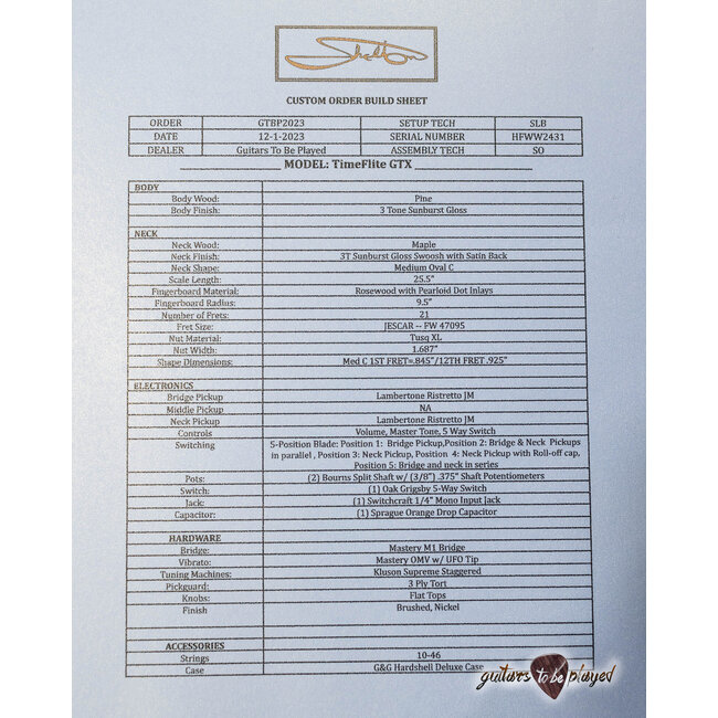 Shelton TimeFlite GTX Pine w/ Mastery & Lambertones Ristrettos – 3-Tone Sunburst