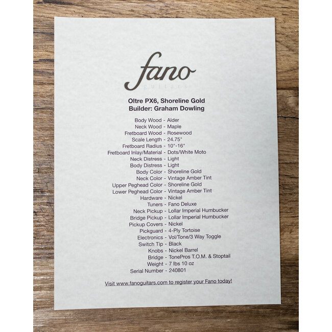 Fano PX6 Oltre Lollar Imperial Guitar w/ Gigbag – Shoreline Gold