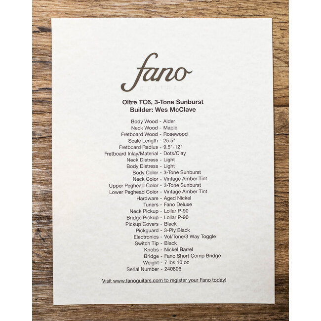 Fano TC6 Oltre Lollar P-90 Guitar w/ Gigbag – 3-Tone Sunburst