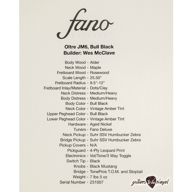 Fano JM6 Oltre Suhr SSV Humbucker Guitar w/ Gigbag – Bull Black