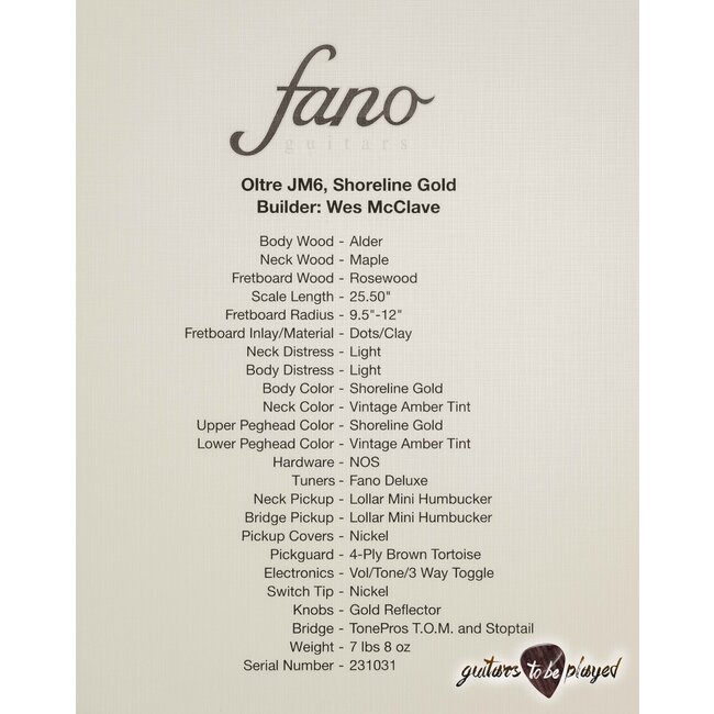 Fano JM6 Oltre Lollar Mini Humbucker Guitar w/ Gigbag – Shoreline Gold