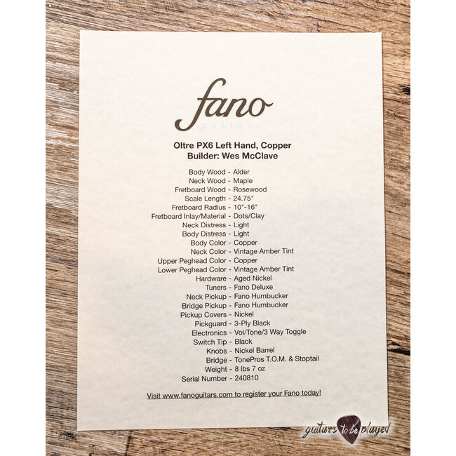 Fano PX6 Oltre Left-Handed Humbucker Guitar w/ Gigbag – Copper Metallic