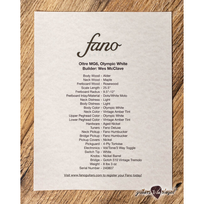 Fano MG6 Oltre Humbucker Guitar w/ Gigbag – Olympic White