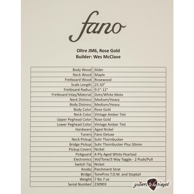 Fano JM6 Oltre Suhr Thornbucker Guitar w/ Gigbag – Rose Gold