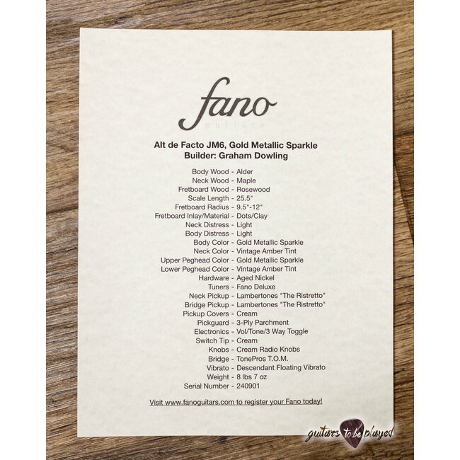 Fano JM6 Alt de Facto Lambertones Ristretto Guitar w/ Descendant – Gold Sparkle