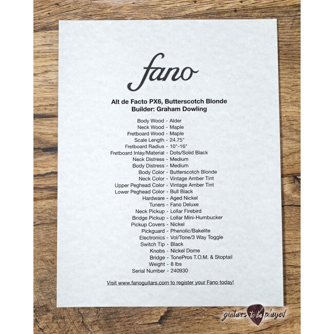 Fano PX6 Alt de Facto Maple Neck Lollar FB/Mini HB Guitar – Butterscotch Blonde