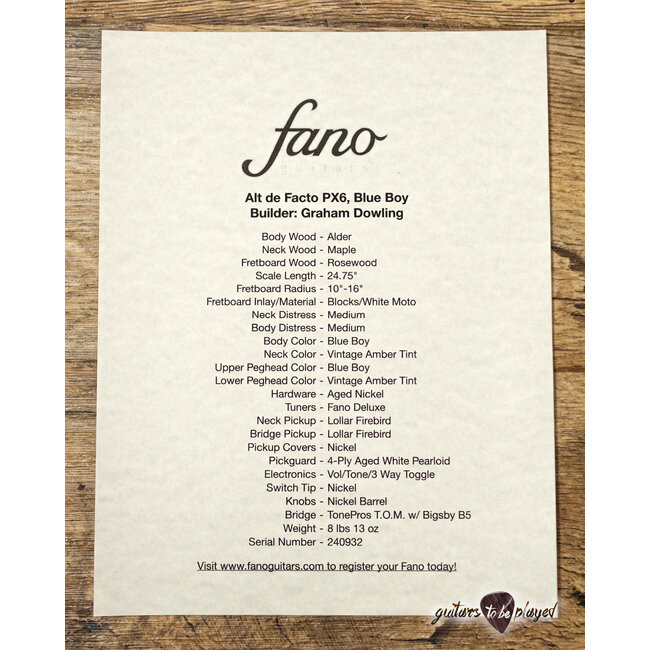 Fano PX6 Alt de Facto Lollar Firebird Guitar w/ Bigsby & Case – Blue Boy