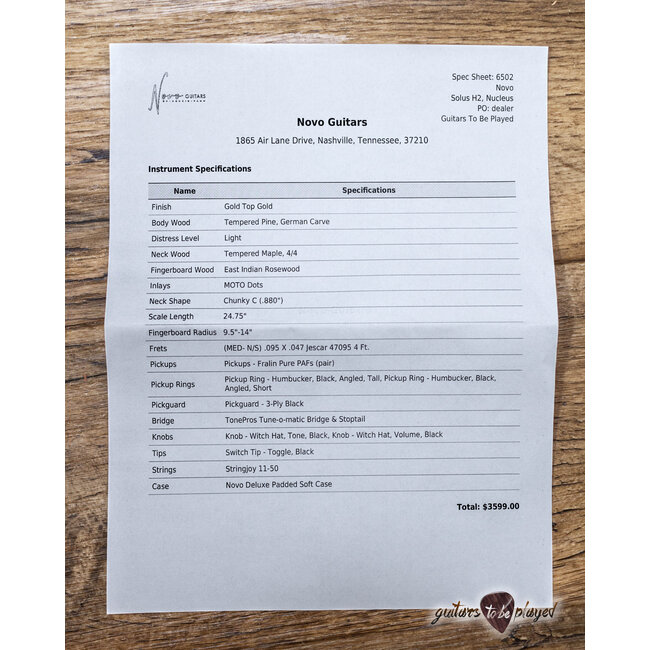 Novo Nucleus Solus H2 Guitar w/ Fralin Pure PAF's – Gold Top Gold