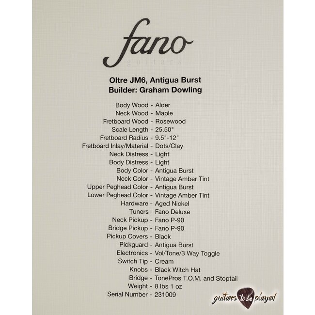 Fano JM6 Oltre P-90 Guitar w/ Gigbag – Antigua Burst