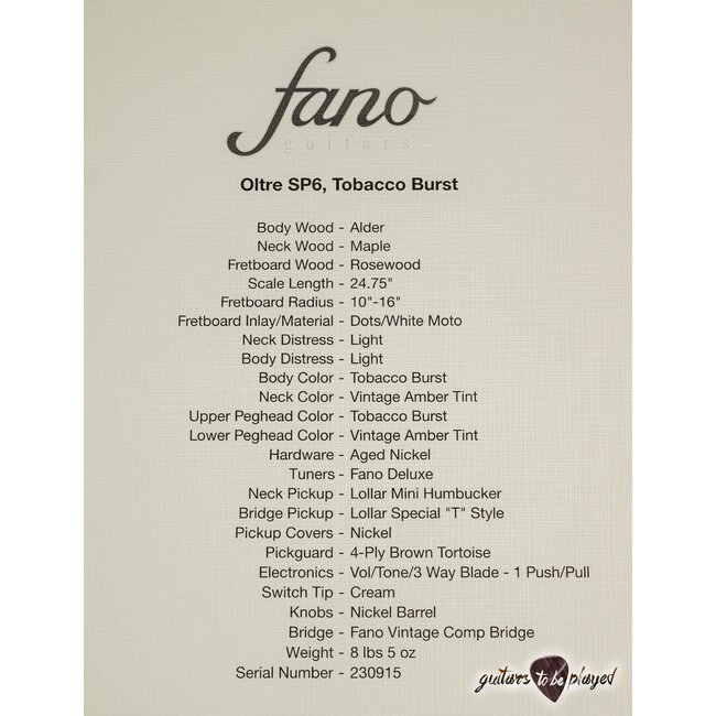 Fano SP6 Oltre Lollar Mini HB/Special T Guitar w/ Gigbag – Tobacco Burst