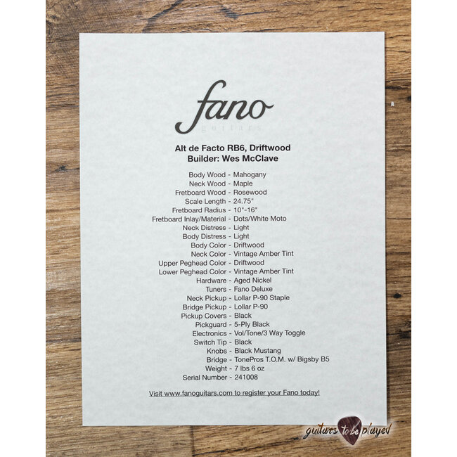 Fano RB6 Alt de Facto Mahogany Lollar Staple P-90 Guitar w/ Bigsby – Driftwood