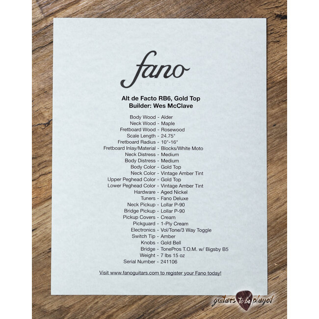 Fano RB6 Alt de Facto Lollar P-90 Bigsby Guitar w/ Case – Gold Top