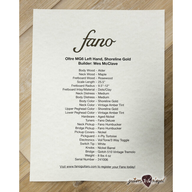 Fano MG6 Oltre Left-Handed Humbucker Guitar w/ Gigbag – Shoreline Gold