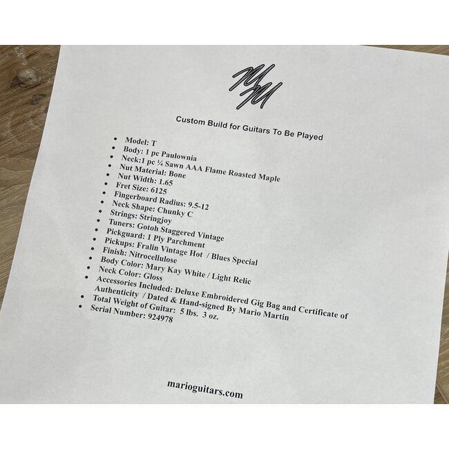 Mario Martin Guitars Paulownia T-Style w/ Flame Roasted Neck – Mary Kaye White