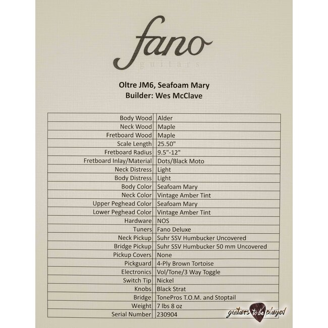 Fano JM6 Oltre Maple Neck Suhr SSV Humbucker Guitar w/ Gigbag – Seafoam Mary