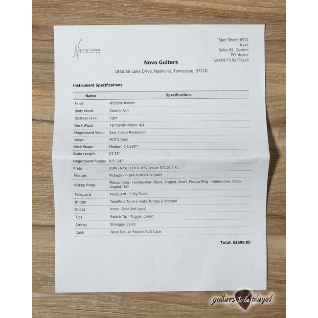 Novo Solus H2 Swamp Ash Guitar w/ Fralin Pure PAF's – Nicotine Blonde