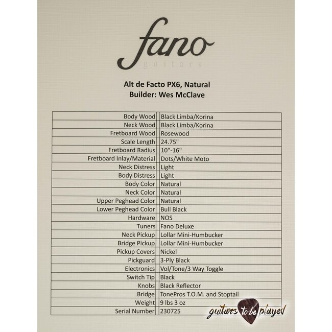 Fano PX6 Alt de Facto Black Limba Set Neck Mini Humbucker Guitar w/ Case