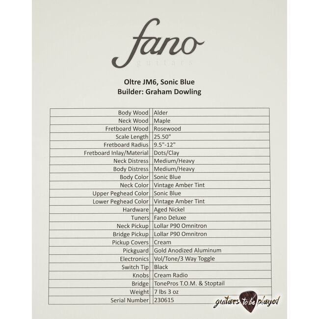 Fano JM6 Oltre Lollar OmniTron P-90 Guitar w/ Gigbag – Sonic Blue